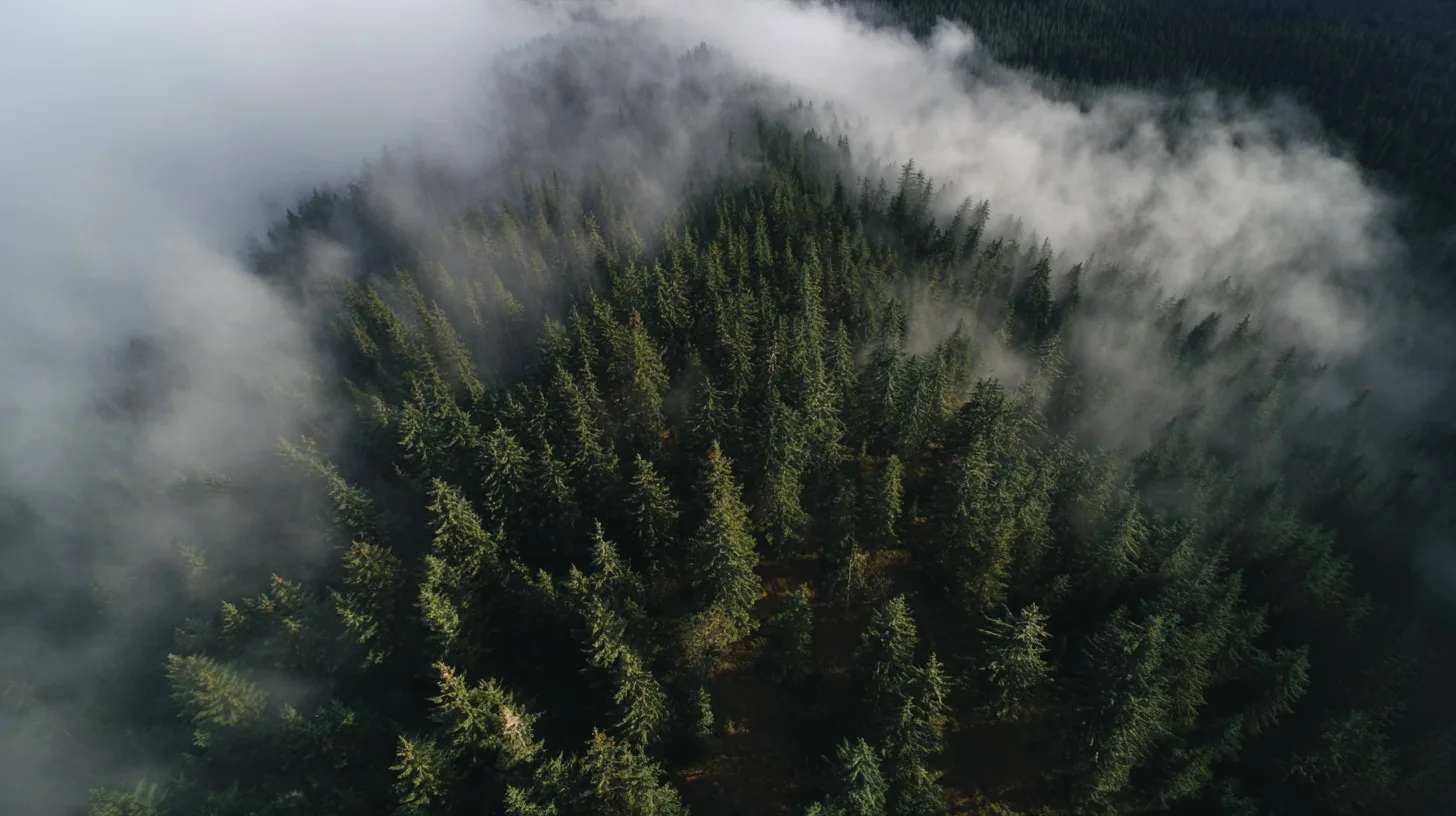 Aerial view of a fog-covered spruce forest
