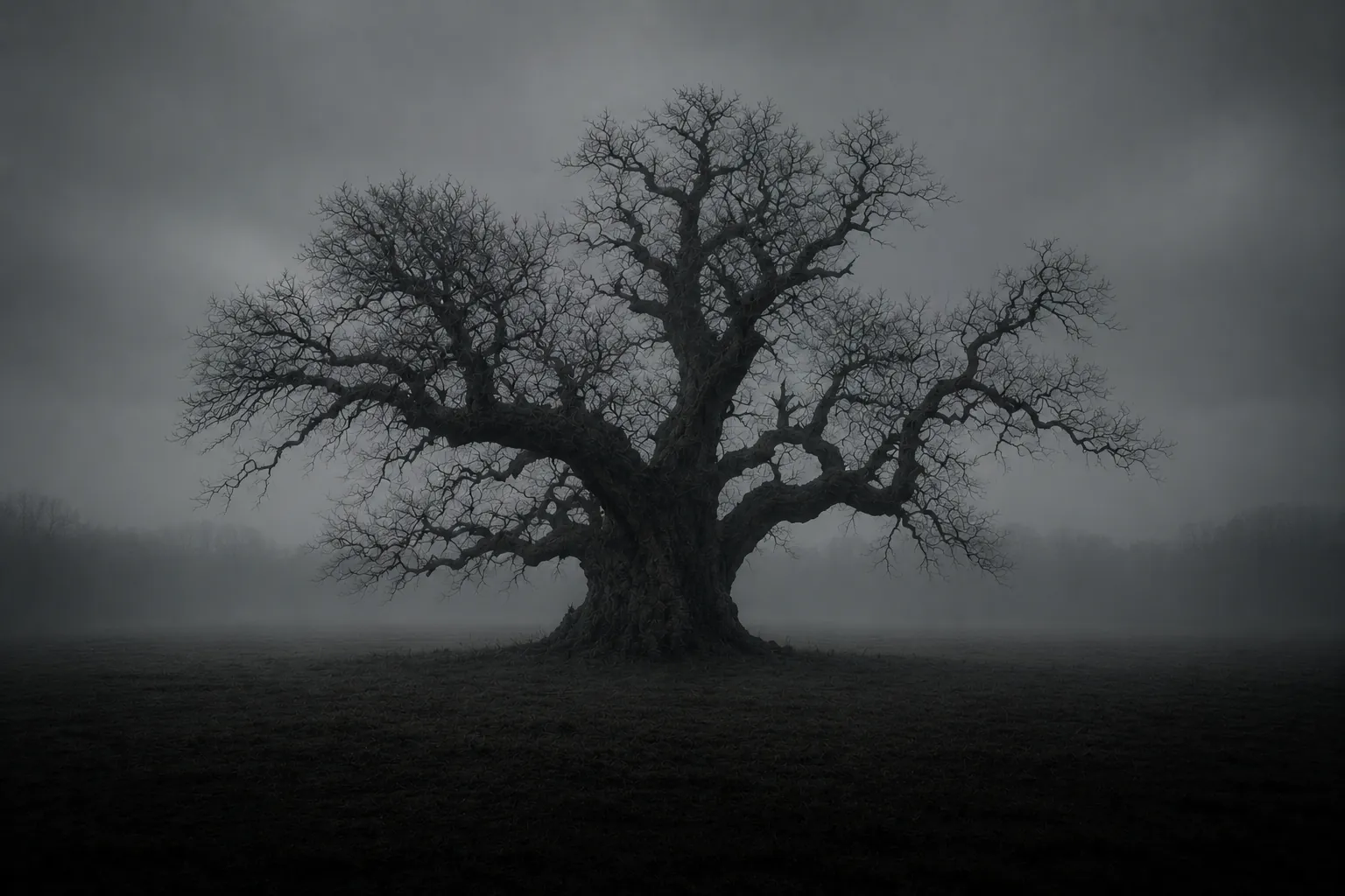 Lone oak in fog